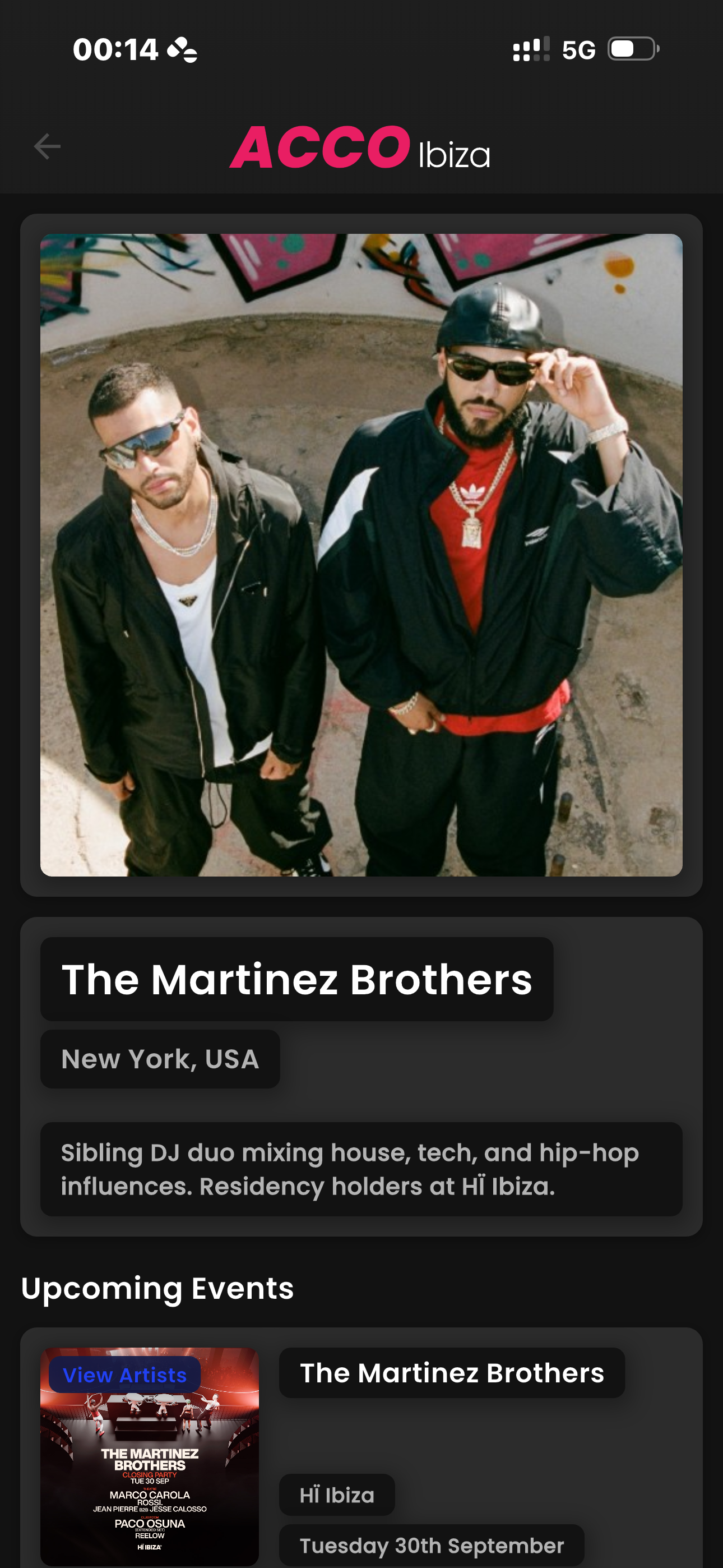 ACCO Ibiza App - Artist Screen