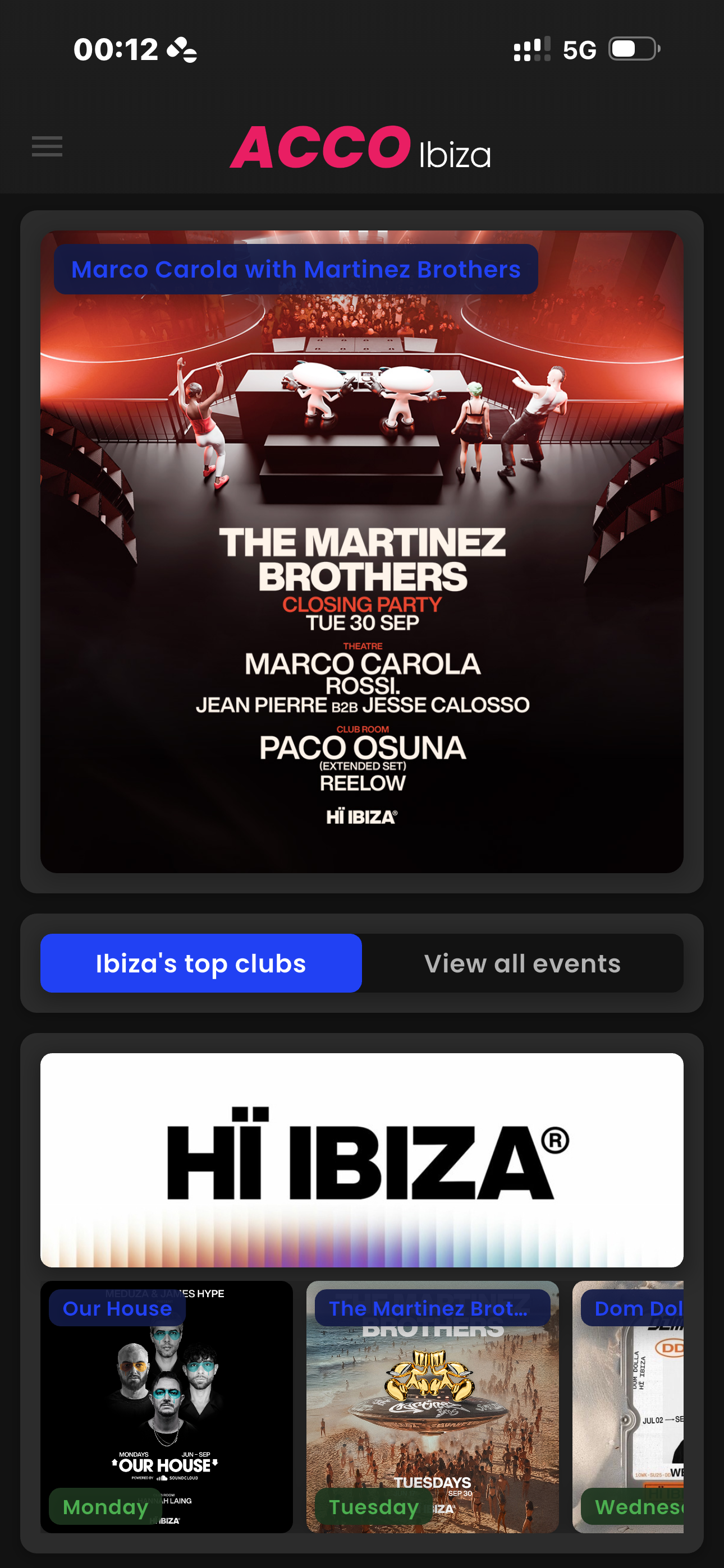 ACCO Ibiza App - Homepage Screen