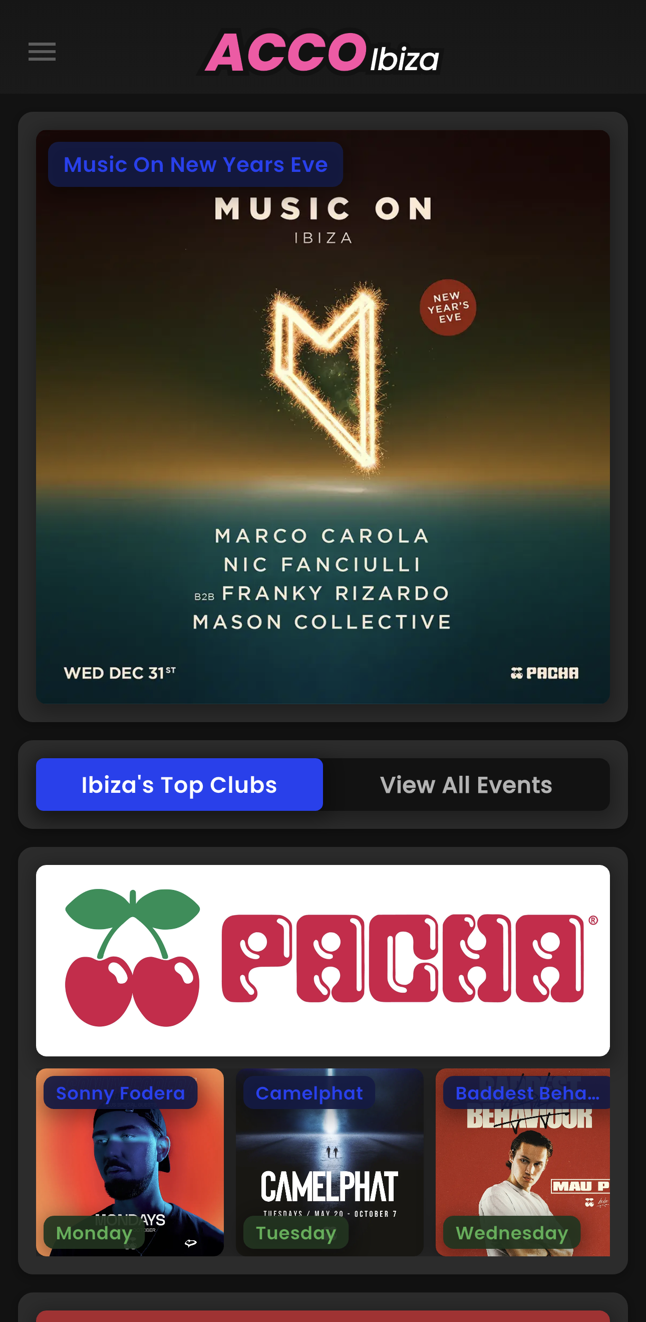ACCO Ibiza App - Homepage Screen