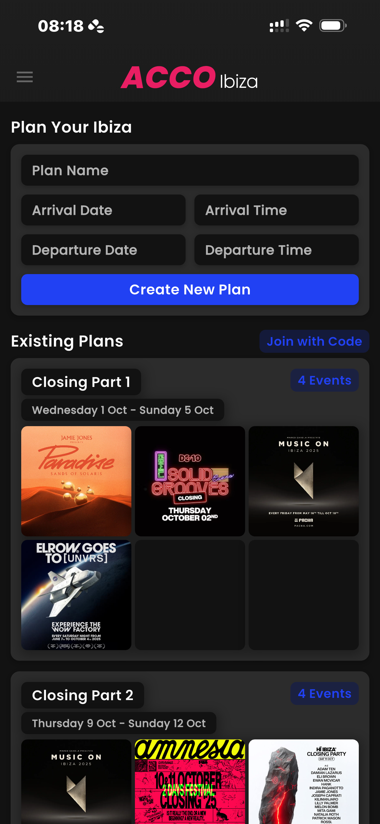 ACCO Ibiza App - Trips Screen